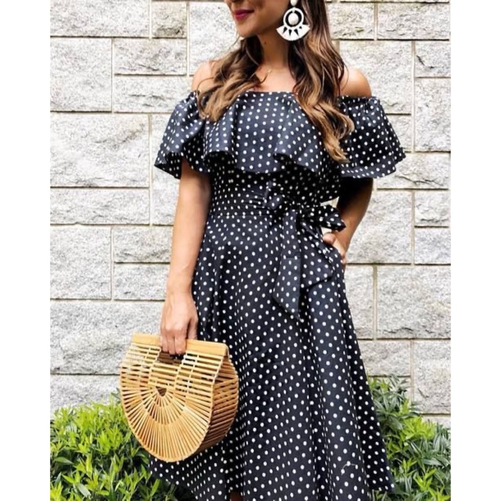 Anthropologie Black Polka Dot Off-Shoulder Midi Dress